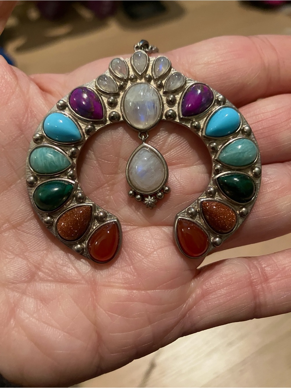 Multi-Stone Crescent Necklace in Purple, Turquoise & Green